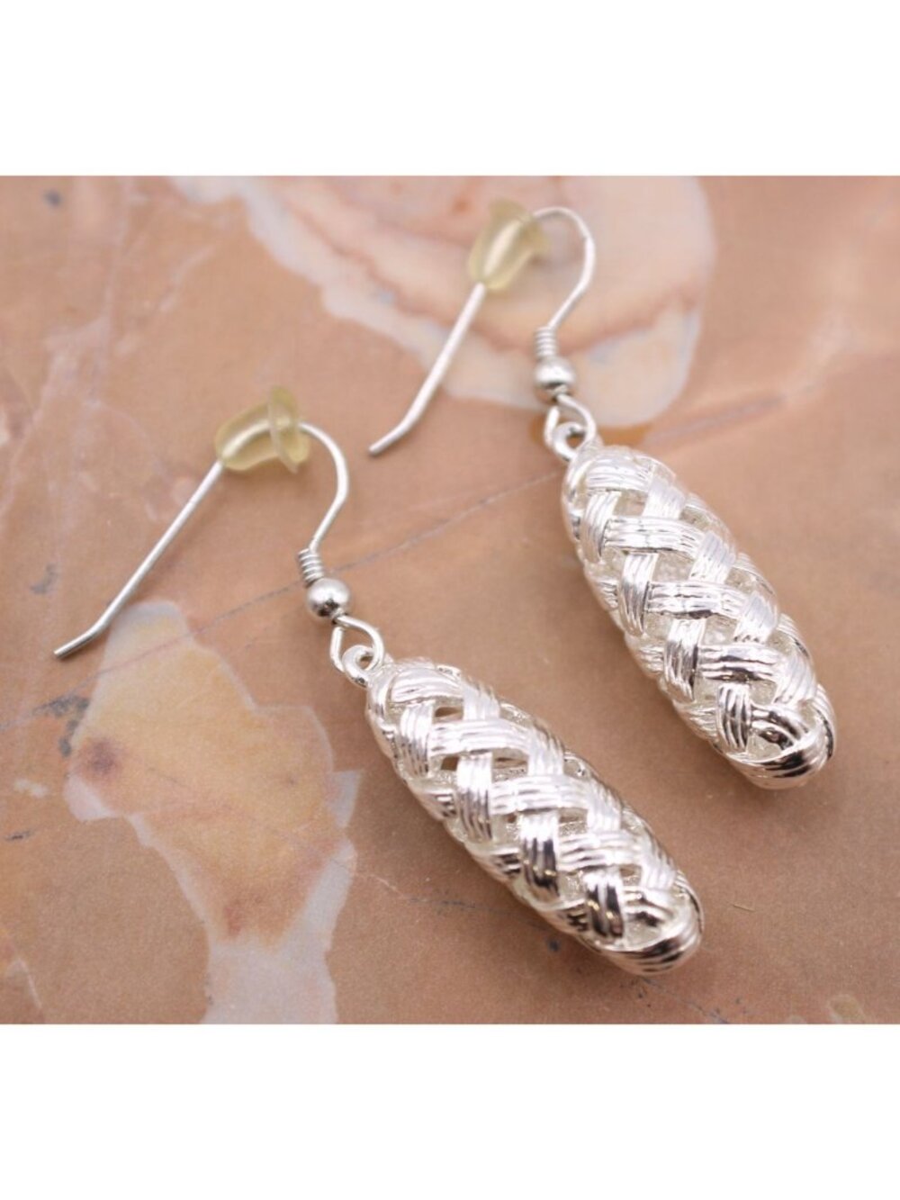 Fine Silver Earrings Woven Basketweave Dangle Ethnic Tribal Oval Drop Artisan